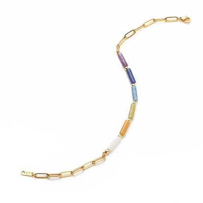 Natural Mixed Gemstone Column Beaded Anklet with Brass Paperclip Chains for Women
