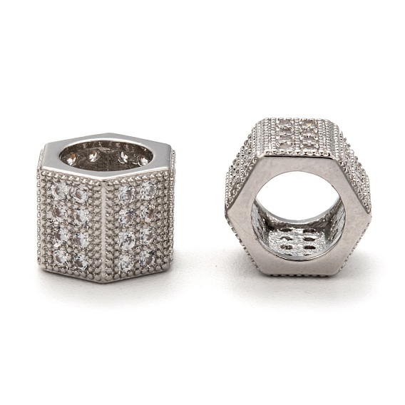 Perles de cubes zircone en laiton , hexagone, 8x10mm, Trou: 6.5mm