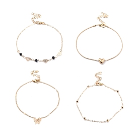 4 pcs 4 bracelets de cheville en alliage de style avec perles en forme de cœur et breloque papillon pour femme