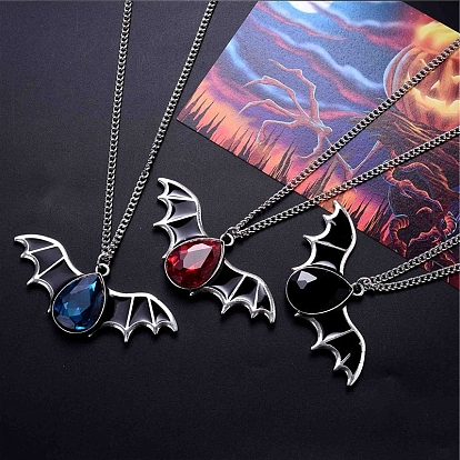 Halloween Themed Glass Bat Pendant Necklace with Enamel, Alloy Jewelry for Men Women
