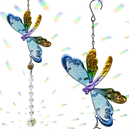 Décorations de pendentif en forme de larme et d'octogone en verre, avec lien libellule en métal et apprêts en fer, pour la décoration extérieure du jardin