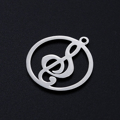 201 Stainless Steel Filigree Charms, Flat Round with Musical Note