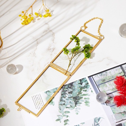 Brass Glass Hanging Photo Frame, DIY Artwork Display Frame for Dried Plant Specimen Pressed Flowers, Rectangle