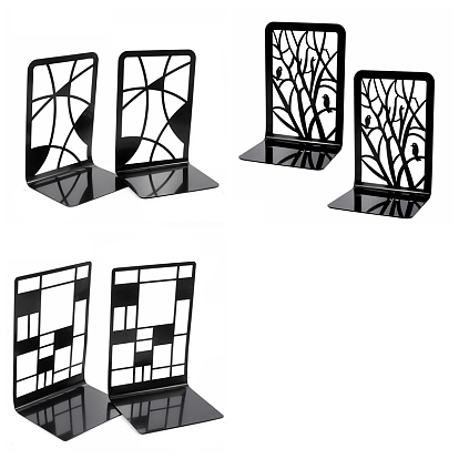 Recrtangle Non-Skid Iron Bookend Display Stands, Desktop Heavy Duty Metal Book Stopper for Shelves, Black, Tree/Square/Geometric Pattern