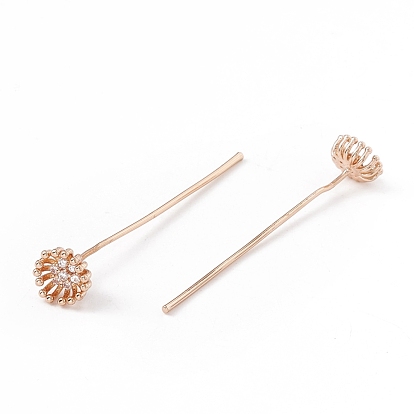 Brass Micro Pave Clear Cubic Zirconia Flower Head Pins, Vintage Decorative for Hair DIY Accessory