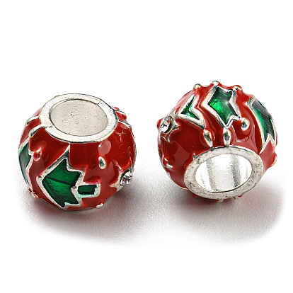 Christmas Brass Enamel European Beads, with Rhinestone, Large Hole Beads, Lead Free & Cadmium Free, Long-Lasting Plated, Platinum, Rondelle with Christmas Tree