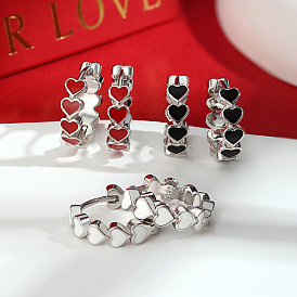 925 Sterling Silver Huggie Hoop Earrings for Women, with S925 Stamp & Enamel, Ring with Heart, Platinum