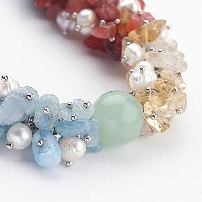 Pierres précieuses mixte colliers de chakra, avec des élèves de perles d'une perle, alliage fermoir et de fin laiton morceau fin avec des chaînes d'extension, platine