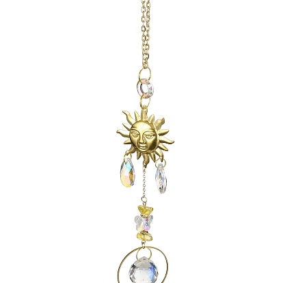 Attrape-soleil suspendus en cristal de quartz naturel, fabricant d'arc-en-ciel, perles de verre, anneau en fer et breloque en laiton, soleil