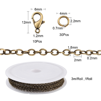 Diy 3m kit de fabrication de bijoux en chaîne de câbles en laiton, avec 30pcs anneaux de saut ouverts en fer avec 10pcs fermoirs à griffes de homard en alliage de zinc