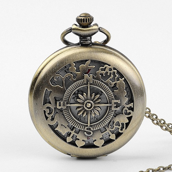 Alloy Compass Shape Pocket Watches, Quartz Watch, with Iron Chain