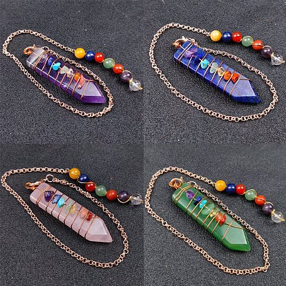 Gemstone Bullet Dowsing Pendulum Pendant Decorations, with Mixed Gemstone Roudn Beads