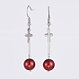 Glass Pearl Dangle Earrings, with Platinum Plated Iron Bar Links, 304 Stainless Steel Charms and 316 Surgical Stainless Steel Earring Hooks, Cross