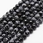 Natural Snowflake Obsidian Beads Strands, Faceted, Round, Black
