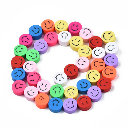 Handmade Polymer Clay Beads Strands, for DIY Jewelry Crafts Supplies, Flat Round with Smiling Face