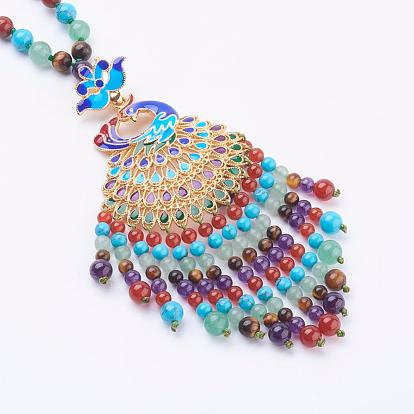 Gemstone Tassel Pendant Necklaces, with Alloy Enamel Findings