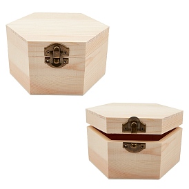 Boîte à bijoux en bois de pin non fini, cas de trésor de coffre de rangement bricolage, avec fermoirs à verrouillage, hexagone