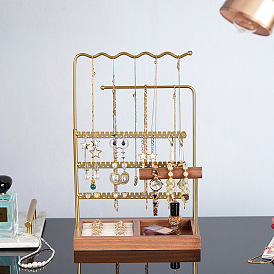 Iron Jewelry Storage Rack with Wood Tray, Jewelry Organizer Holder Jewelry Tower for Bracelet, Necklace, Earrings, Cosmetics Storage, Rectangle