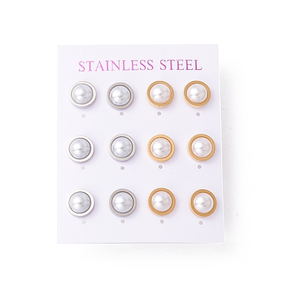 6 par de aretes semicirculares de perlas de concha, 304 aretes de poste de acero inoxidable para mujer, blanco