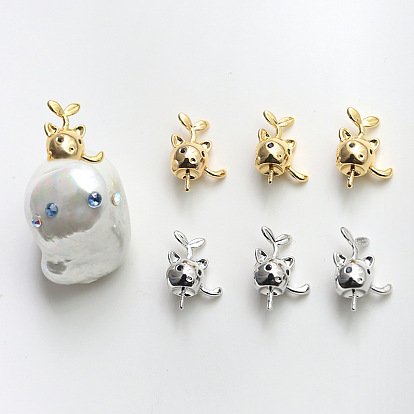 Cat Shaped Brass Peg Bails Pin Charms, for Half Hole Pearl Making, Random with or without Thread