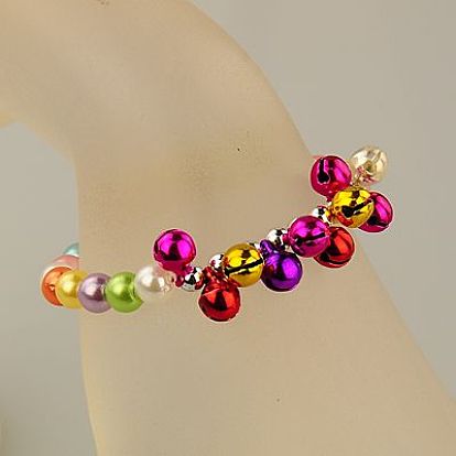 Fashion Imitation Acrylic Pearl Stretchy Bracelets for Kids, with Brass Bell Pendants, for Christmas, 45mm