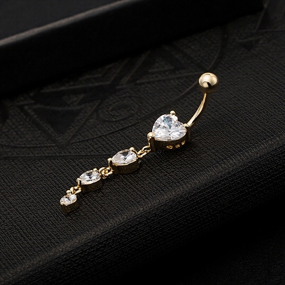 Réel 18 k plaqué or piercing bijoux en laiton zircon cubique coeur anneau de nombril anneau de nombril anneaux de ventre, avec 304 barre en acier inoxydable, 7~8x52mm