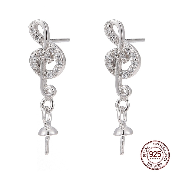925 Sterling Silver Micro Pave Cubic Zirconia Ear Stud Findings, Musical Note
