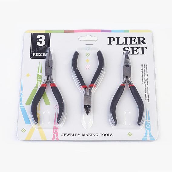 DIY Jewelry Tool Sets, Polishing Round Nose Pliers, Flat Nose Pliers and Side Cutting Pliers, 110~125x60~70mm, 3pcs/set