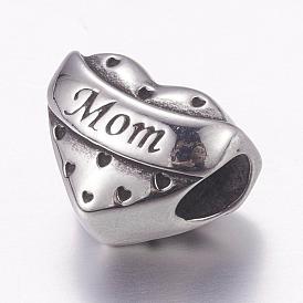 Mother's Day Theme, 304 Stainless Steel European Beads, Large Hole Beads, Heart with the Word Mom
