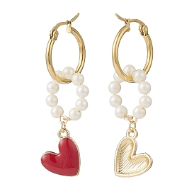 Shell Pearl Beaded Ring with Alloy Heart Dangle Hoop Earrings, Golden Brass Long Drop Earrings for Women