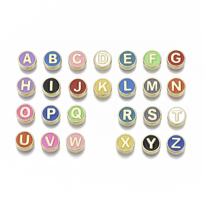 Alloy Enamel Beads, Cadmium Free & Nickel Free & Lead Free, Flat Round with Initial Letters, Light Gold