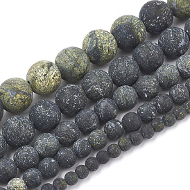 Perles en pierre serpentine naturelle / dentelle verte, givré, ronde