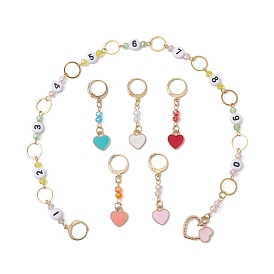 6Pcs Knitting Row Counter Chains & Locking Stitch Markers Kits, with Heart Alloy Enamel Pendant, Acrylic & Glass Beads, Golden