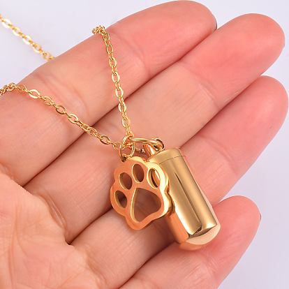 Stainless Steel Bullet with Paw Print Urn Ashes Pendant Necklace, Memorial Jewelry for Men Women