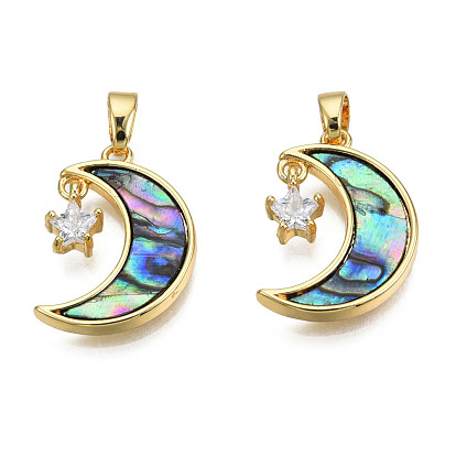 Brass Clear Cubic Zirconia Pendants, with Synthetic Abalone Shell/Paua Shells, Moon with Star Charms, Real 18K Gold Plated, Nickel Free