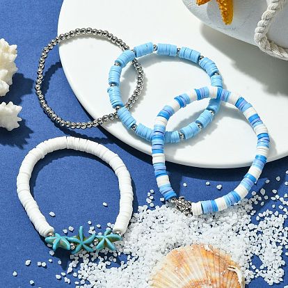4 pcs 4 styles ensemble de bracelets extensibles en argile polymère heishi surfeur, bracelets empilables étoile de mer turquoise synthétique et tortue en alliage