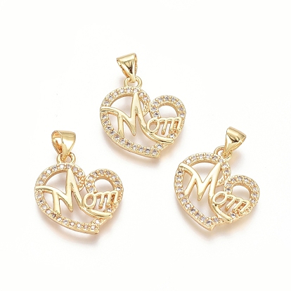 Brass Micro Pave Clear Cubic Zirconia Pendants, Heart with Word MOM, For Mother's Day