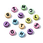 Opaque Mixed Color Acrylic Beads, Flat Round with Black Random Letters