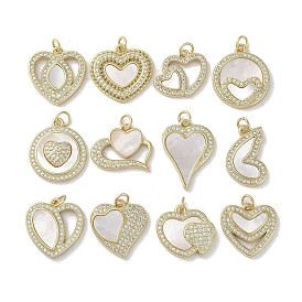 Brass Micro Pave Cubic Zirconia Pendants, with Shell, Heart