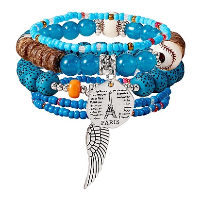 5pcs 5 bracelets extensibles en perles de bois et de verre de style pcs et acrylique avec baseball, bracelets empilables bohèmes avec des ailes en alliage et des paires de charme pour les femmes