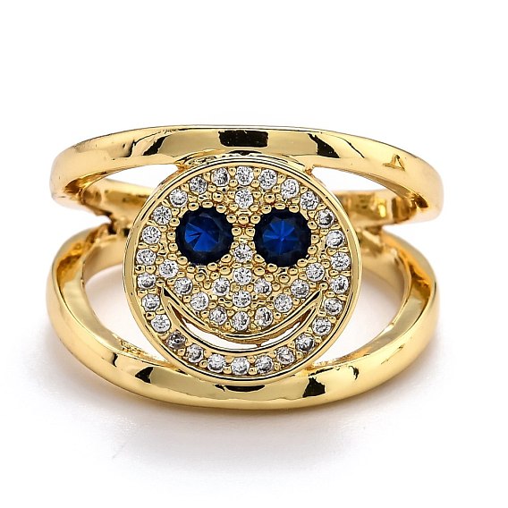 Brass Micro Pave Cubic Zirconia Cuff Rings, Open Rings, Smiling Face, Real 18K Gold Plated