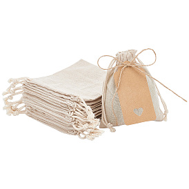 Nbeads 10Pcs Cotton Packing Pouches Drawstring Bags, with Jute Cords and Kraft Paper Gift Tags