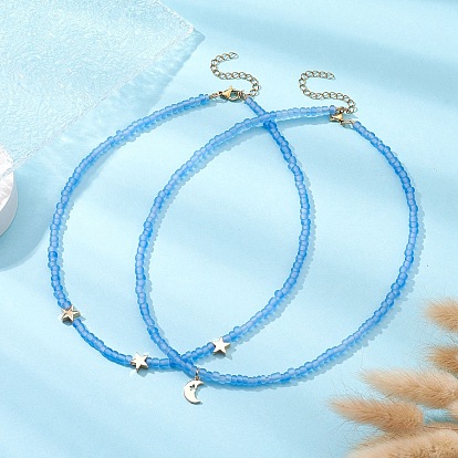2 piezas 2 conjunto de collar con cuentas de semillas de vidrio y latón estilo luna y estrella para mujer