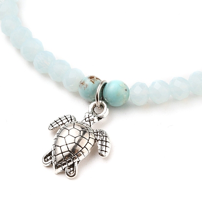 Stretch Bracelets Sets, Stackable Bracelets, with Sea Turtle Alloy Pendants, Rondelle Glass Beads, Natural Larimar & Turquoise(Dyed) Beads, Antique Silver