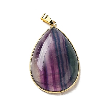 Natural Fluorite Pendants, Teardrop Charms, with Brass Findings, Lead Free & Cadmium Free