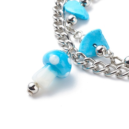 Synthetic Turquoise(Dyed) Chips Beaded Double Line Multi-strand Bracelet, Gemstone Bracelet with Lampwork Mushroom Charm for Women