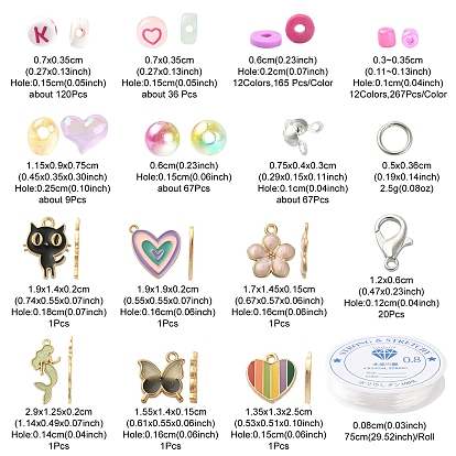 Kit de fabrication de collier de bracelet de bricolage, y compris perle d'imitation et lumineuse et lettre acrylique et graine de verre et perles de disque d'argile polymère, pendentifs en alliage coeur et sirène et papillon et fleur