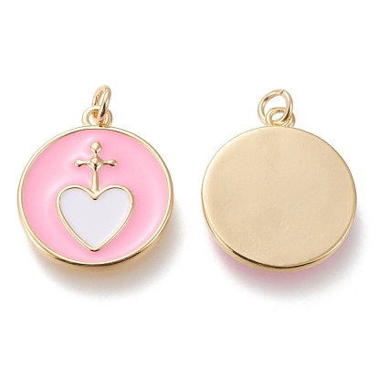 Brass Pendants, with Enamel and Jump Rings, Long-Lasting Plated, Flat Round with Heart, Golden