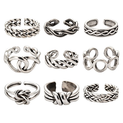 9Pcs 9 Style Alloy Cuff Finger Rings, Open Rings