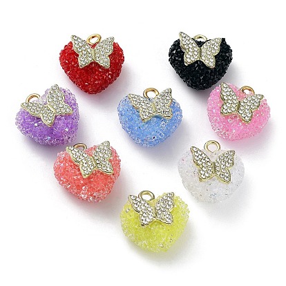 Druzy Resin Pendants, Heart Charms with Rack Plating Golden Tone Brass Pave Crystal Rhinestone Butterfly